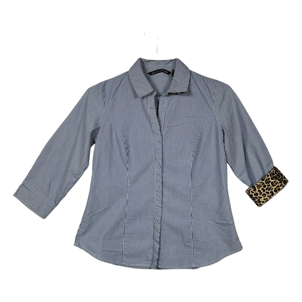 Zac & Rachel Woman Medium Button Down Shirt Blue Striped Leopard Cuffed Sleeves